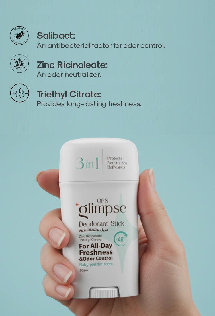 Gilimpse deodorant stick held in a hand with product details on a light blue background