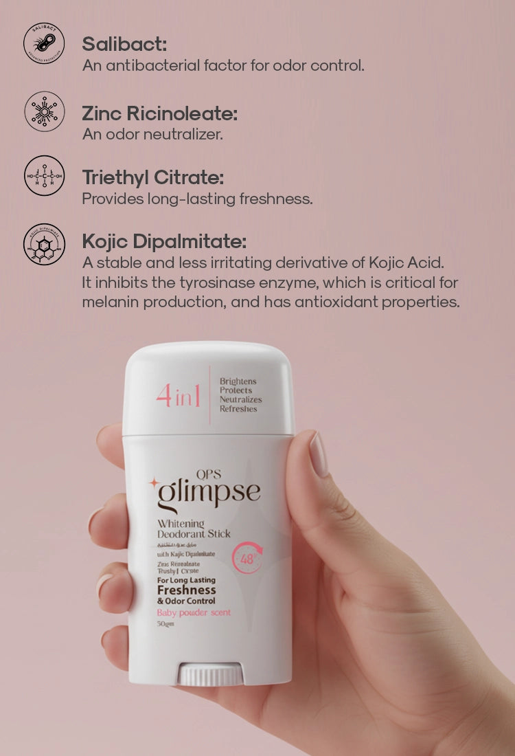 Glimpse whitening deodorant stick held by a hand with product details on a pink background