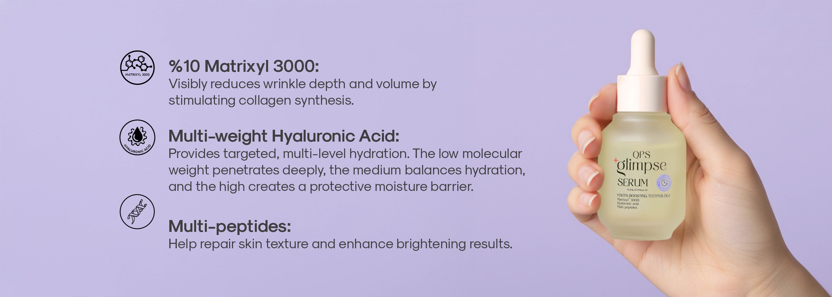 Anti-aging a skincare serum bottle with product details on a purple background
