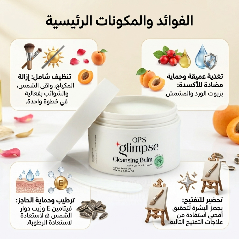 QPS Glimpse Cleansing Balm jar with lid open on a white background