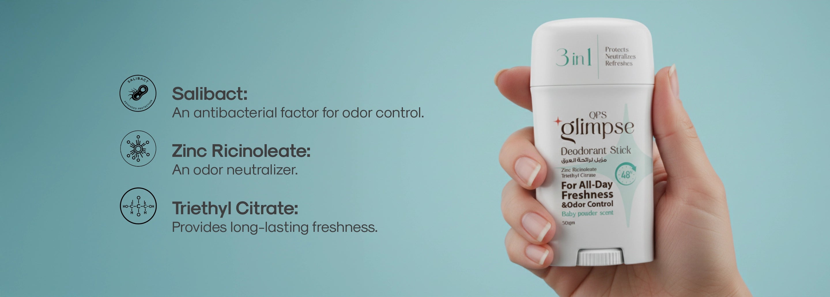 Hand holding a Glimpse deodorant stick with product details on a light blue background