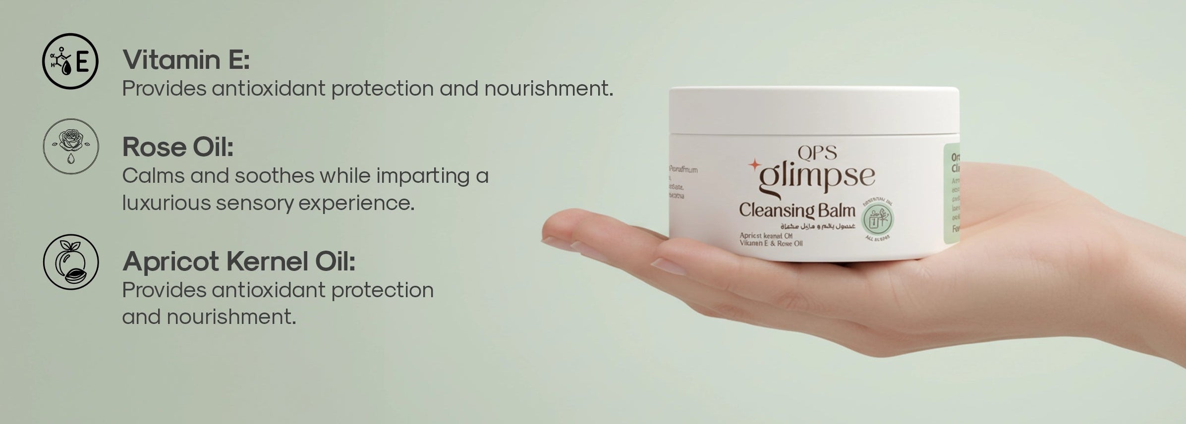 Glimpse cleansing balm and makeup remover held in a hand with product ingredients on a light green background