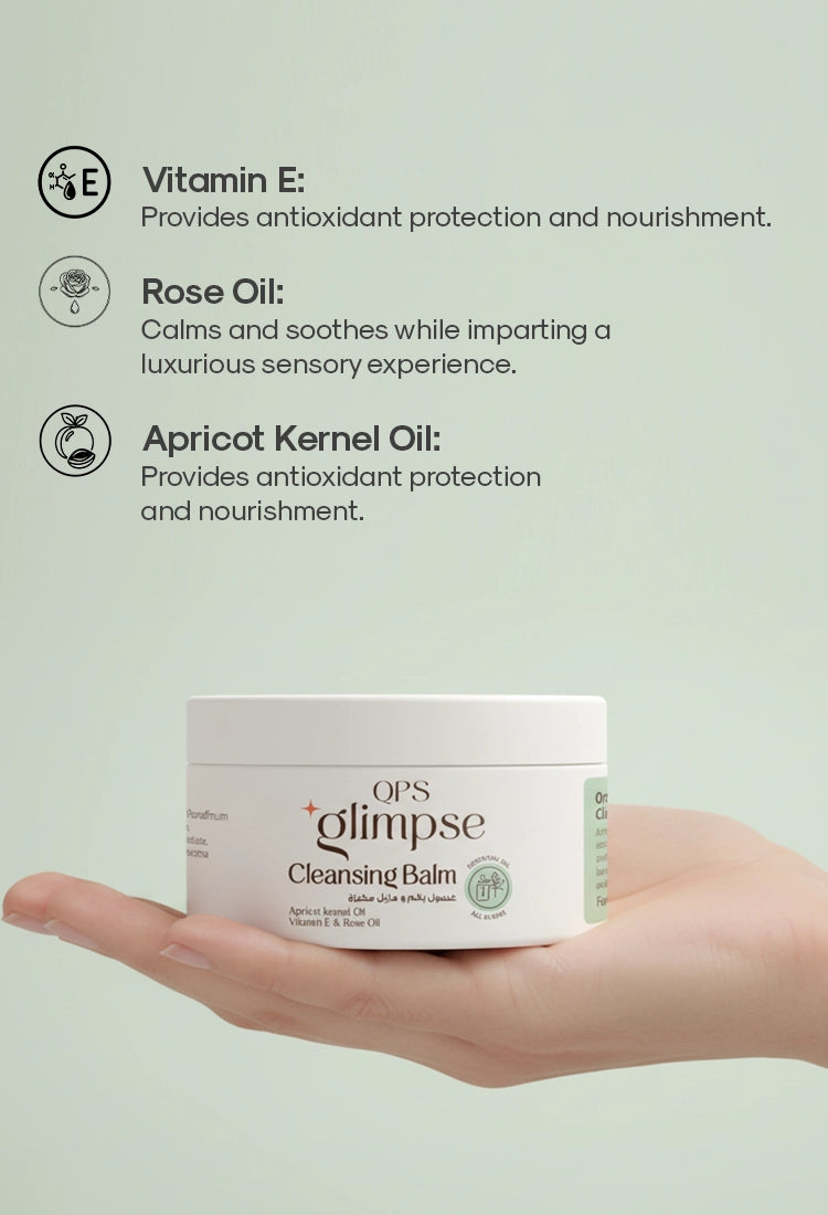 Cleansing balm and makeup remover with ingredients listed on a light green background