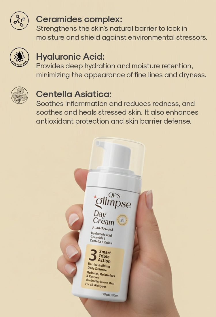 Glimpse Day Cream with spf 15 held in a hand with product details on a beige background