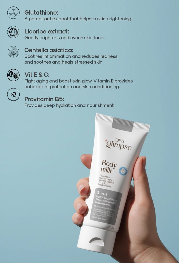 Hand holding a tube of Glimpse body milk with product details on a light blue background
