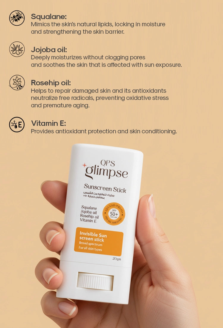 Transparent Glimpse sunscreen stick with text on a beige background