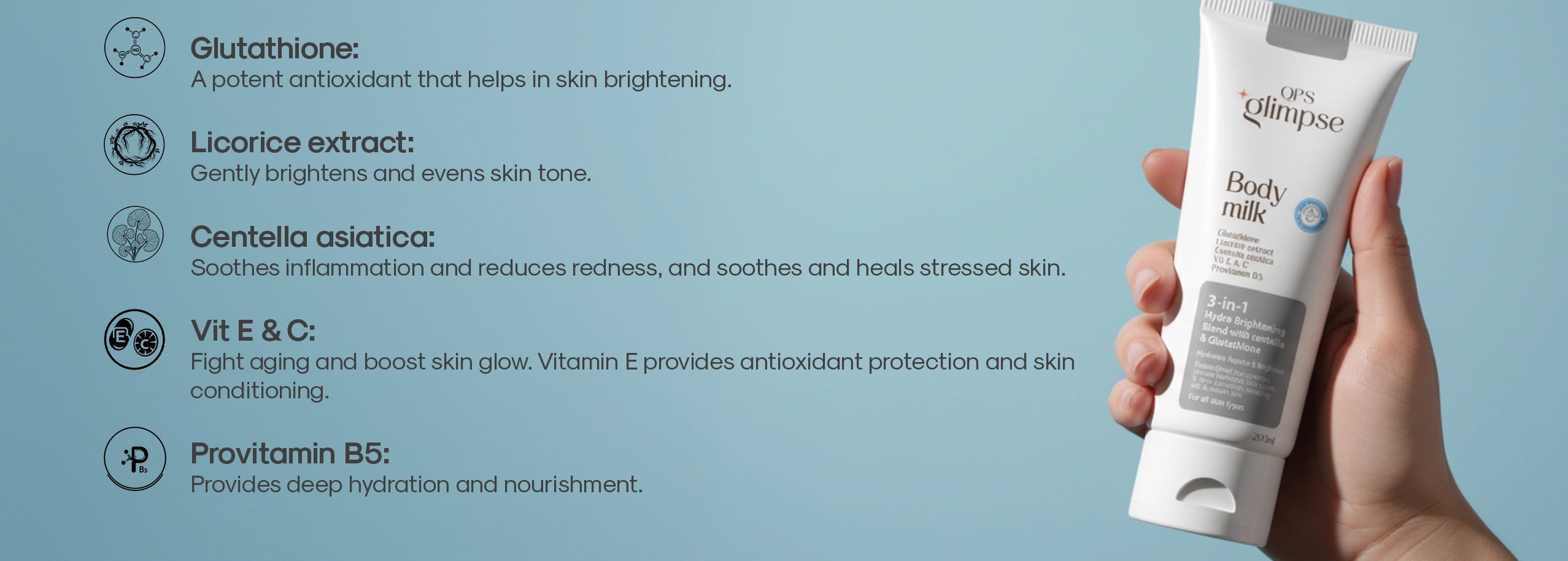 Body milk tube held by a hand with product details on a blue background