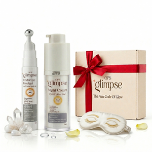 QPS Glimpse eye serum, night cream with packaging on a white background.