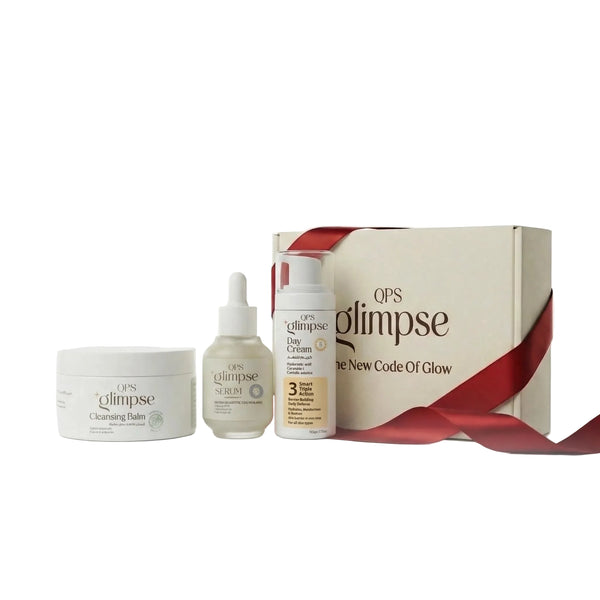 QPS Glimpse skincare products including serum, Day cream, and cleansing balm with a branded box on a white background.