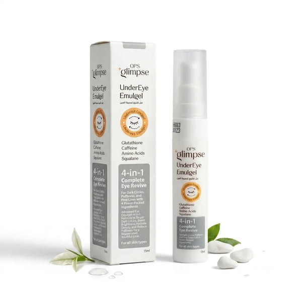 QPS Glimpse UnderEye Emulgel packaging and bottle on a white background