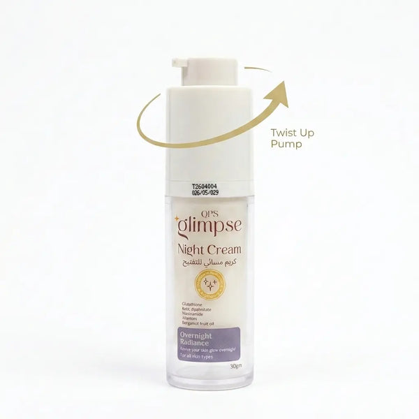 QPS Glimpse Night Cream bottle with pump on a white background