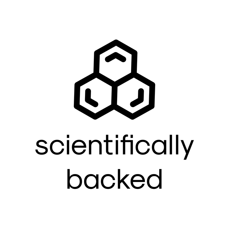 Logo with geometric design and text 'scientifically backed' on a white background