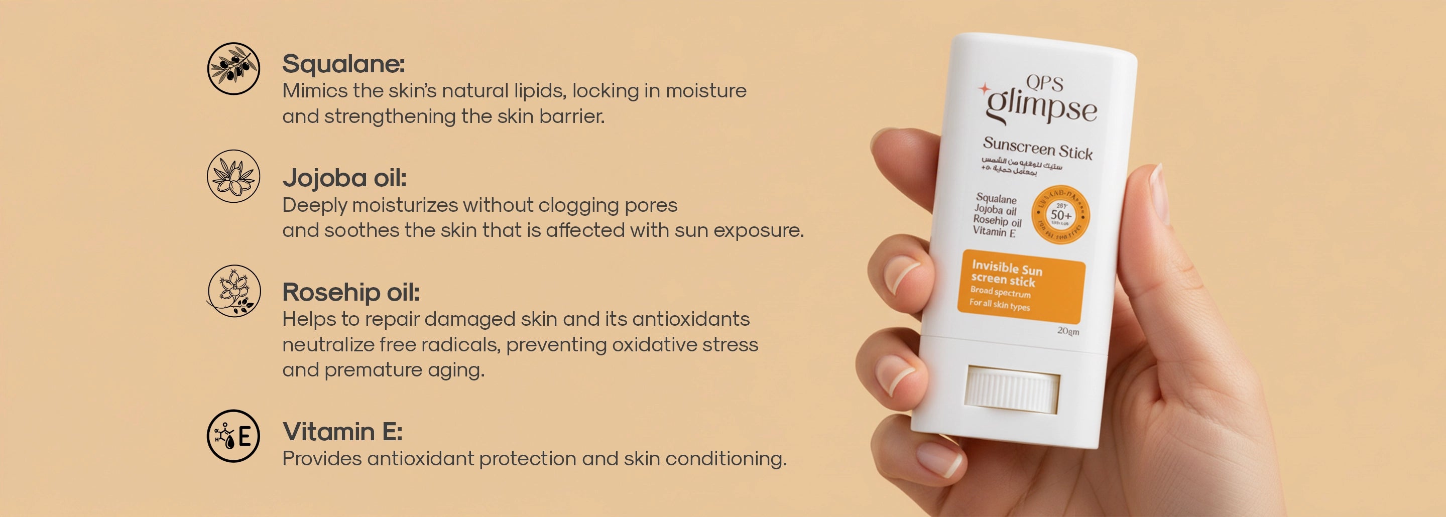 Transparent sunscreen stick with SPF 50+with text about its benefits on a beige background