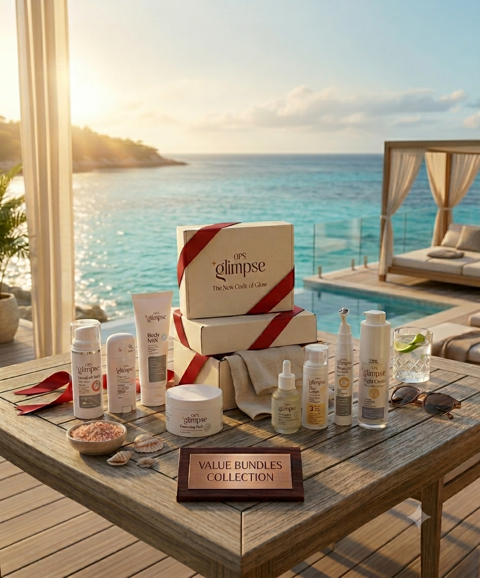 Cosmetic products on a table with a scenic ocean view in the background