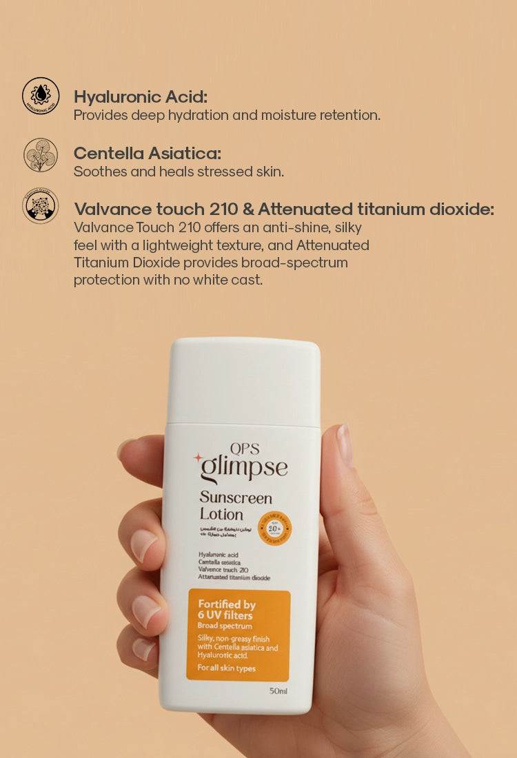Hand holding a bottle Glimpse Sunscreen velvet Lotion' with product details on a beige background