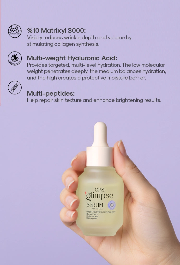 Hand holding a skincare serum bottle with product details on a purple background