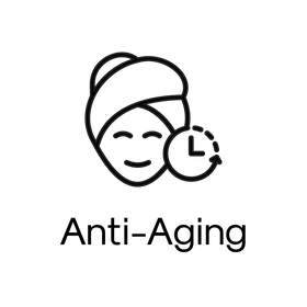 Anti-aging icon with a woman's face, clock, and towel on a white background