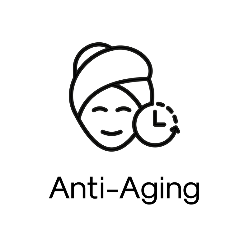 Anti-aging icon with a woman's face, clock, and towel on a white background