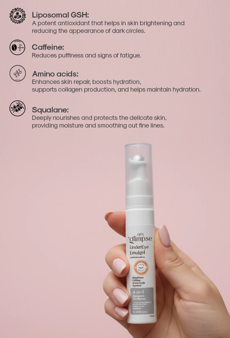 Hand holding an eye serum product with text about its ingredients on a pink background